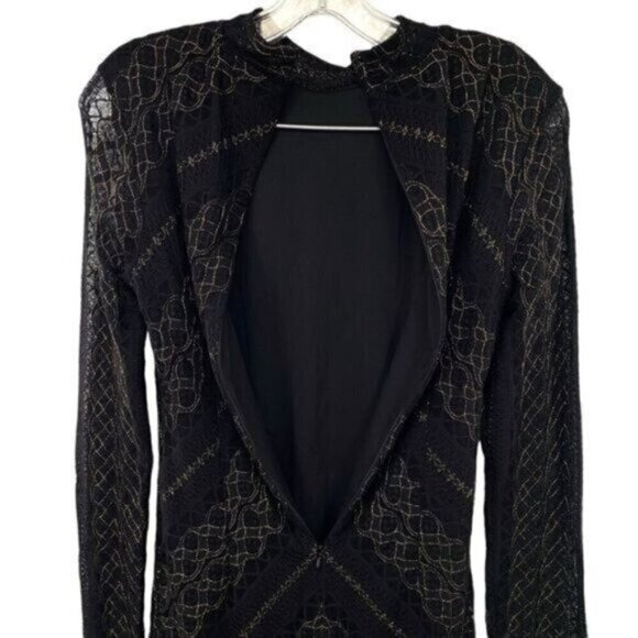 Black Lace Metallic Gold Vamp Bodycon Cocktail Dress Whimsigoth Witchy - Picture 15 of 16